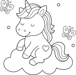 Cute Cartoon Unicorn Coloring Page for Kids with Butterflies, Cloud, and Sparkles.  Fun Fantasy Scene for Children to Color and Dream