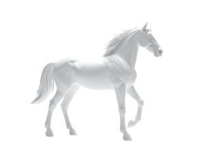 Elegant white equine sculpture against a stark black backdrop, in a graceful pose