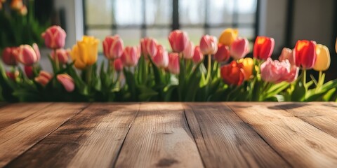 wooden empty table and tulips in the background.
