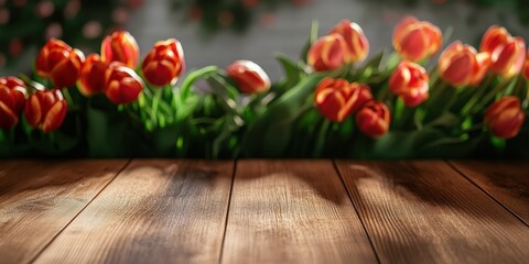 wooden empty table and tulips in the background.