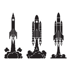 Rocket Launch Icon Set, Vector Silhouettes Illustration, Space Icons, Startup & Technology Design on white background.