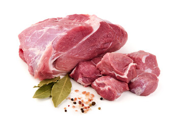 Raw Pork Shoulder, Bay Leaves, Salt, Pepper, isolated on white background