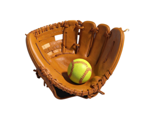 Close-up of a leather glove cradling a yellow softball against a black backdrop