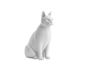 A white 3D-rendered cat in a seated pose, rendered with soft lighting on black background