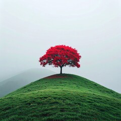 Vibrant tree atop a grassy hill