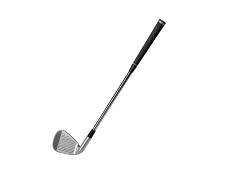 Isolated image of a silver golf club with a black handle, on black background