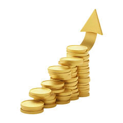 Golden coins stacked in an upward trend arrow. golden coins and graph