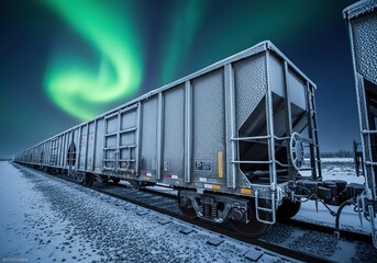 Obraz premium Freight wagons covered in frost under northern lights with aurora glowing above, steel glistening with icy reflections and cinematic hyper realistic arctic railway