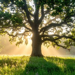 Sun rays through tree on misty field