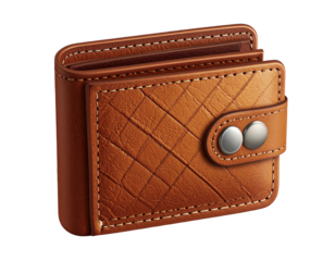 Realistic rendered leather wallet with textured exterior and silver snap closure