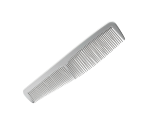 A gray plastic comb on a black background. Fine teeth, rounded edges