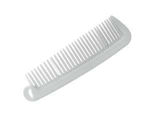 A glossy, white plastic comb with many teeth against a black background
