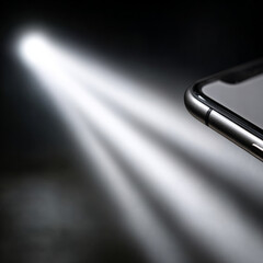 Smartphone edge with dramatic spotlight on dark background.