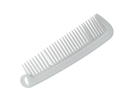 A glossy, white plastic comb with many teeth against a black background