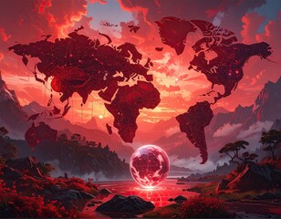 Red world map floats over glowing lake