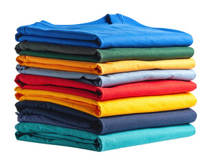 Stack of folded t-shirts in assorted colors, isolated on a black background