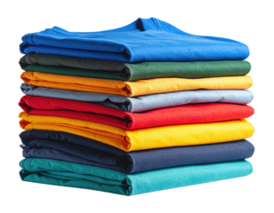 Stack of folded t-shirts in assorted colors, isolated on a black background