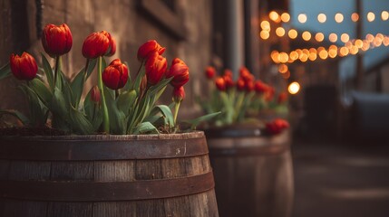 Blooming vibrant red tulips flourishing in rustic wooden barrels, showcasing fresh green foliage and delicate petals, illuminated by warm bokeh lights and a soft, blurred background, creating an...