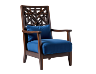 Elegant Wooden Chair with Blue Cushion and Intricate Back Design
