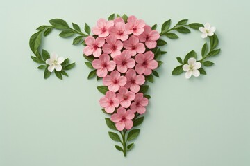 Floral uterus artwork beautifully composed with delicate pink petals and green leaves, symbolizing feminine wellness and reproductive health on a serene light green background