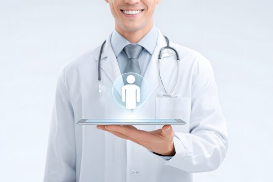 smiling telemedicine doctor holding a glowing tablet with patient hologram screen, digital healthcare startup concept, 3d animation, isolated on a white background