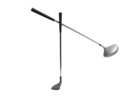 Two golf clubs intersect diagonally against a black background