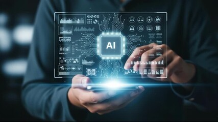 Person using a smartphone to interact with a futuristic ai interface displaying data and charts, representing artificial intelligence and technology - Powered by Adobe