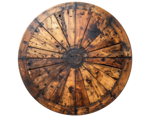 Overhead view of a circular wooden table with radiating planks and central hub