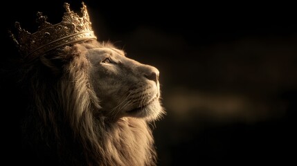 Majestic lion portrait illuminated by warm light, wearing a golden crown, set against a dark, blurred background showcasing regal bearing and power, with luxurious details.