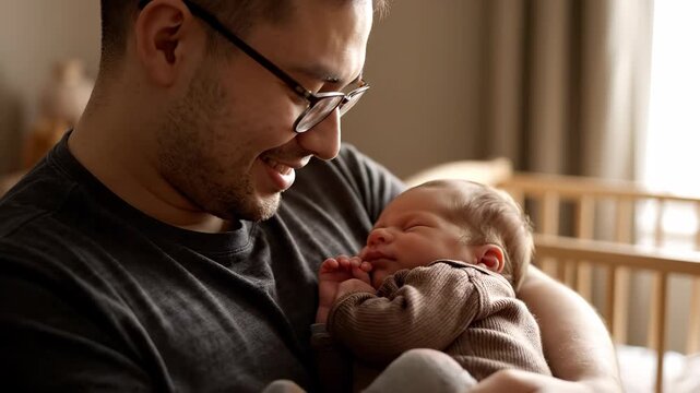 Father holds newborn baby close. Dad with smile while parent cradles infant against chest. Family cuddle by crib in soft light. Baby sleeps peacefully and rests hand near face. Parent gaze shows care.
