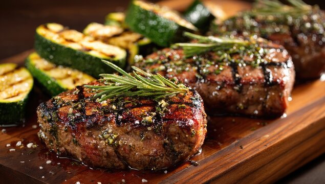 Three grilled steaks, seasoned and glistening, rest on a wooden board alongside grilled zucchini slices; rosemary sprig as garnish