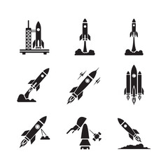 Rocket Launch Icon Set, Vector Silhouettes Illustration, Space Icons, Startup & Technology Design on white background.