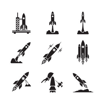 Rocket Launch Icon Set, Vector Silhouettes Illustration, Space Icons, Startup & Technology Design on white background.