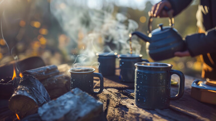 Campfire coffee with blue enamel mugs and kettle, steaming hot drinks around fire pit, outdoor camping morning ritual with warm golden light atmosphere