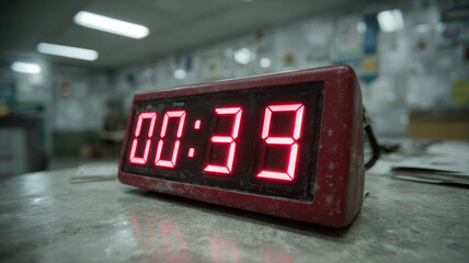 A digital countdown clock displays 00:39 in a dimly lit room.