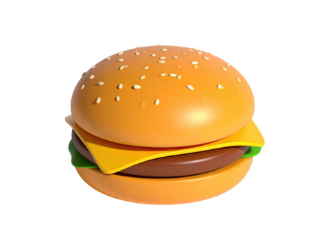 A 3D rendered cartoon burger with cheese, lettuce, and sesame seed bun - Powered by Adobe
