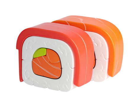 Two colorful, stylized sushi rolls with salmon and avocado on a black background - Powered by Adobe