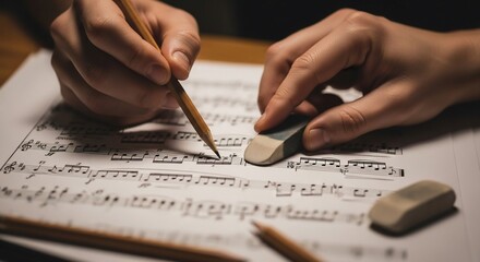 Close-up of hands writing musical notes on sheet music with pencil and eraser, composing.