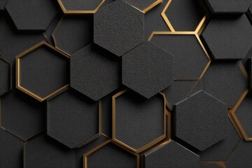 Abstract textured dark gray hexagons with gold outlines, overlapping in a repeating pattern