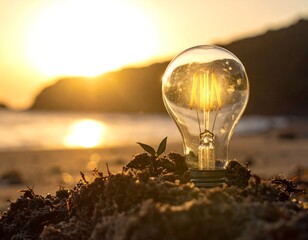Sunset glow, bulb on beach