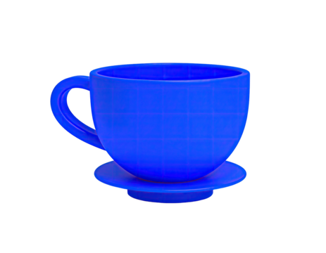 Blue cup with a handle and matching saucer, set against a black backdrop