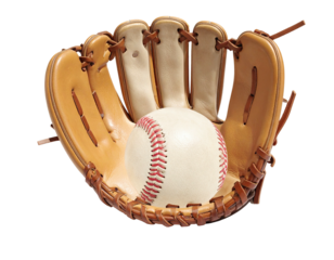 Close-up of a leather baseball glove holding a white baseball with red stitching