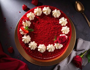 An overhead shot of a red velvet cake