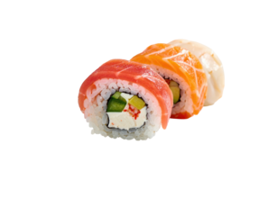 Two sushi rolls, one with red fish and the other with orange fish