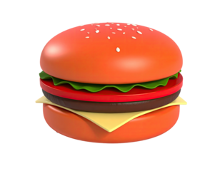A vibrant, 3D-rendered burger with perfect layers on a black background