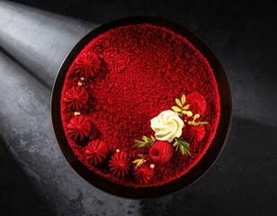 An overhead shot of a red velvet cake