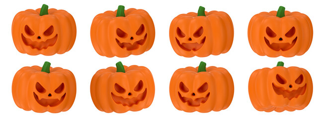 Halloween 3D cartoon pumpkin faces. Spooky trick or treat characters with creepy expressions and evil smiles. PNG transparent set