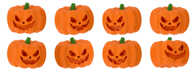 Halloween 3D cartoon pumpkin faces. Spooky trick or treat characters with creepy expressions and evil smiles. PNG transparent set