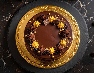 An overhead shot of a chocolate cake