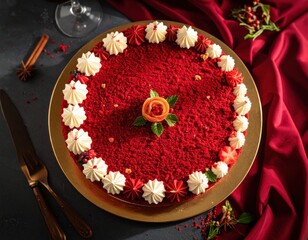 An overhead shot of a red velvet cake